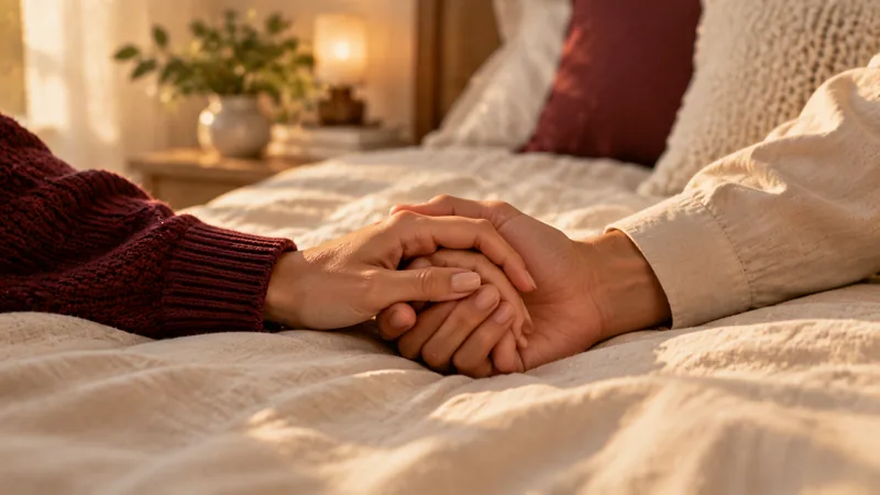 Mãos de um casal entrelaçadas com carinho sobre lençol de linho creme