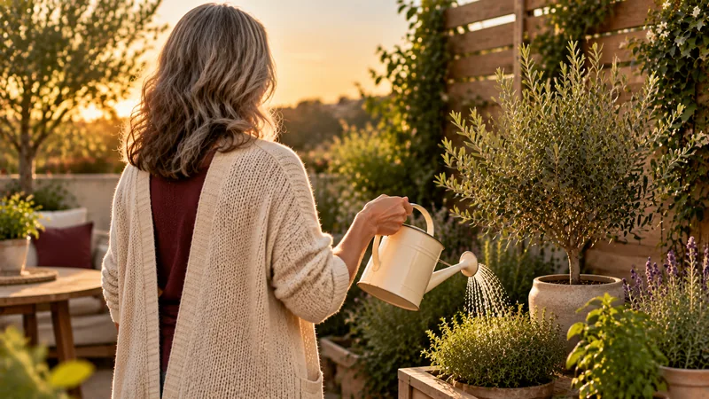 Mulher madura de costas regando plantas no jardim ao entardecer