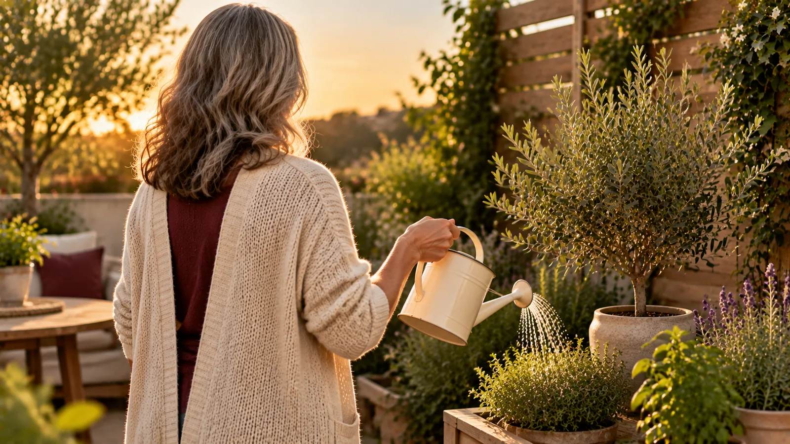 Mujer madura de espaldas regando plantas en el jardín al atardecer
