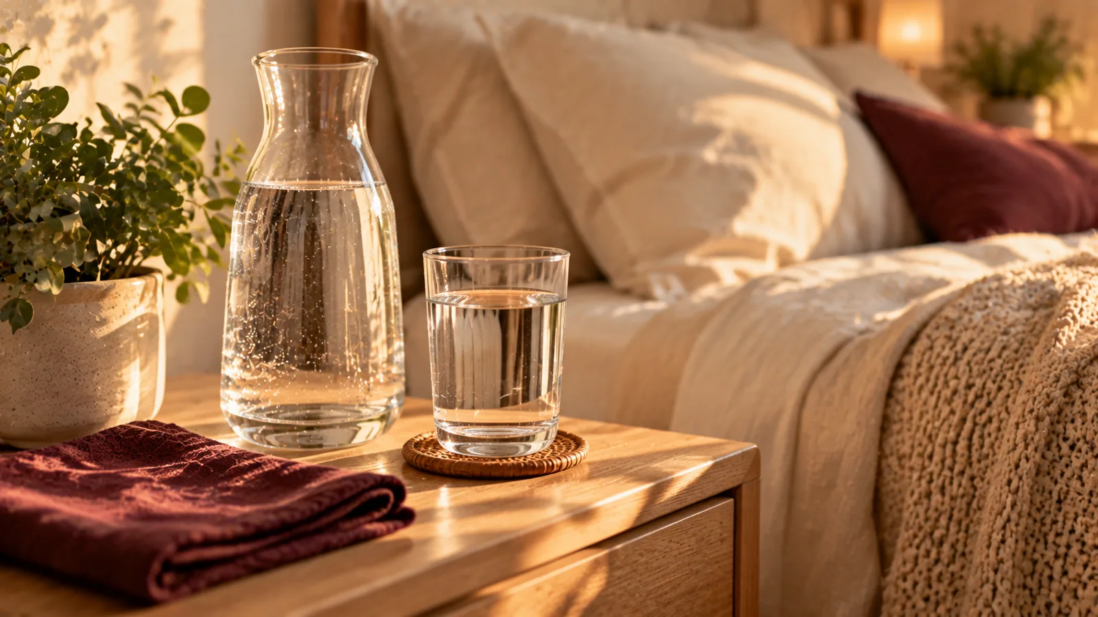 Jarra y vaso de agua sobre la mesita de noche junto a la cama